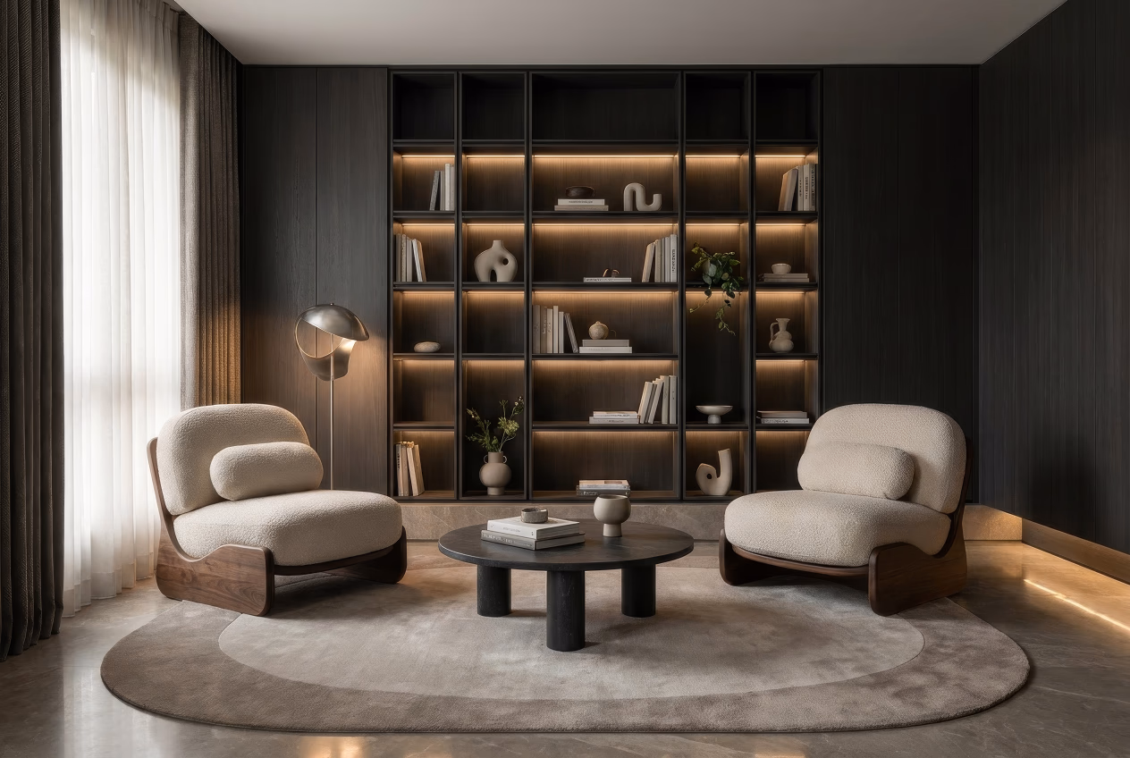 Living room with a lit bookshelf and two light armchairs