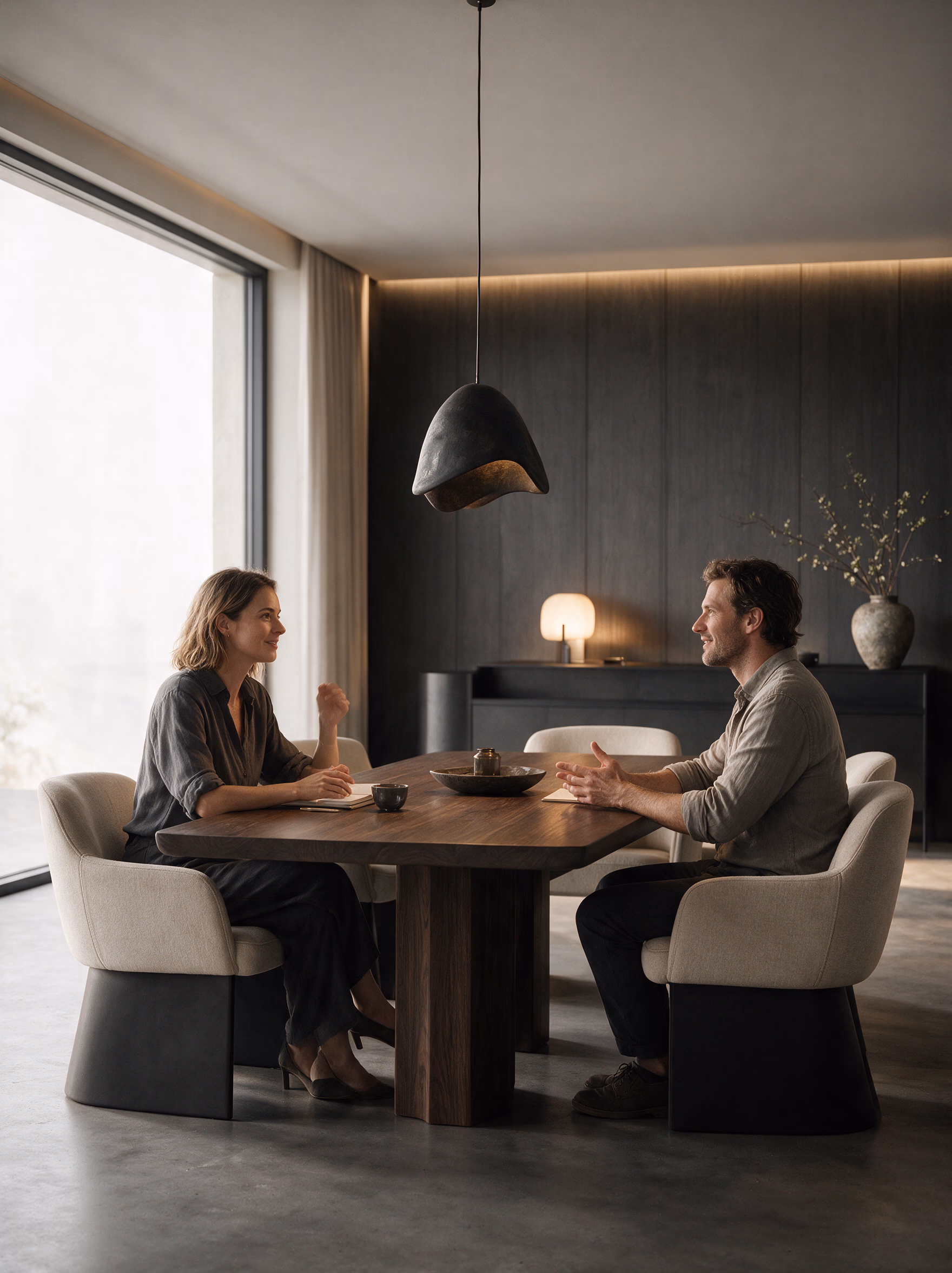 Two people talking at the table of a dark dining room