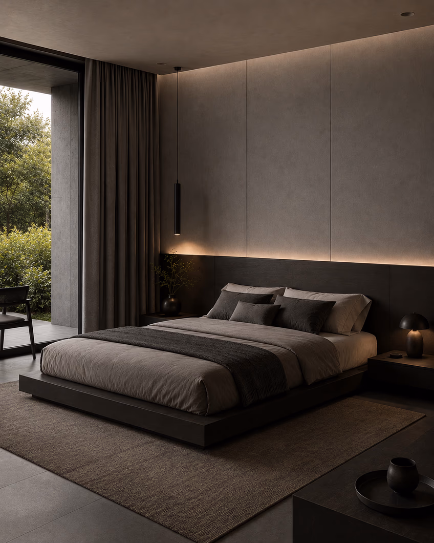 Bedroom with a lit headboard and floor-length curtains