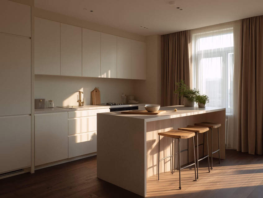 Bright kitchen with an island, stools and a picture window