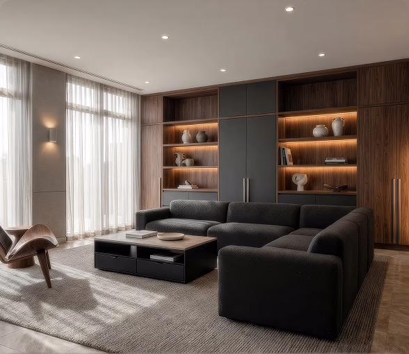 Renovated living room with walnut joinery, lit shelving and a dark modular sofa