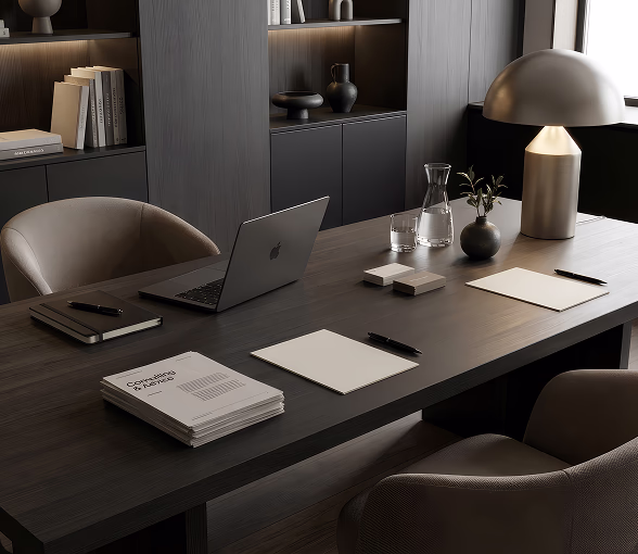 Meeting table with a laptop, printed documents and a domed table lamp