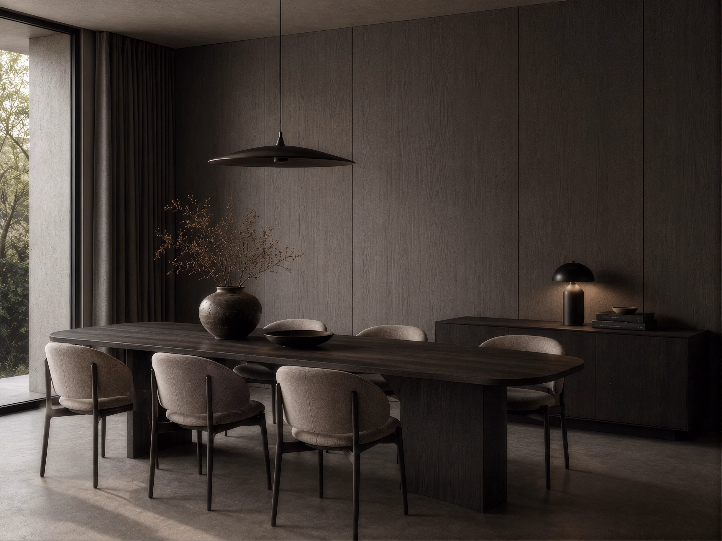 Dark dining room with a long table, upholstered chairs and a window onto the garden